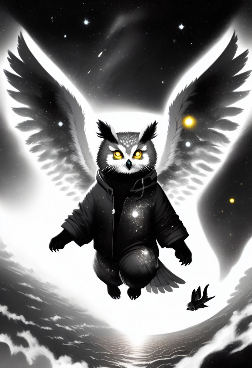 Score_9, Score_8_up, Score_7_up, lora:Navi_Celestial_Skin_PonyXL:1.1 nv-celestialskin, redpandafolk, rabbitfolk, owlfolk, foxfolk, sketch, monochrome, greyscale, YR_GradLight, 0u73r5p4c3, space, planet, nebula, galaxy, asteroid, GalaxyTelepurteSDXL, StarrySkies, scenery, stars (sky), background, night sky, vibrant colored skin, void cosmic body, deep black skin, ethereal silhouette, nebula patterns, animal theme focus, majestic owl