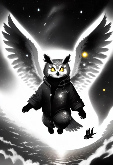 Score_9, Score_8_up, Score_7_up, lora:Navi_Celestial_Skin_PonyXL:1.1 nv-celestialskin, redpandafolk, rabbitfolk, owlfolk, foxfolk, sketch, monochrome, greyscale, YR_GradLight, 0u73r5p4c3, space, planet, nebula, galaxy, asteroid, GalaxyTelepurteSDXL, StarrySkies, scenery, stars (sky), background, night sky, vibrant colored skin, void cosmic body, deep black skin, ethereal silhouette, nebula patterns, animal theme focus, majestic owl