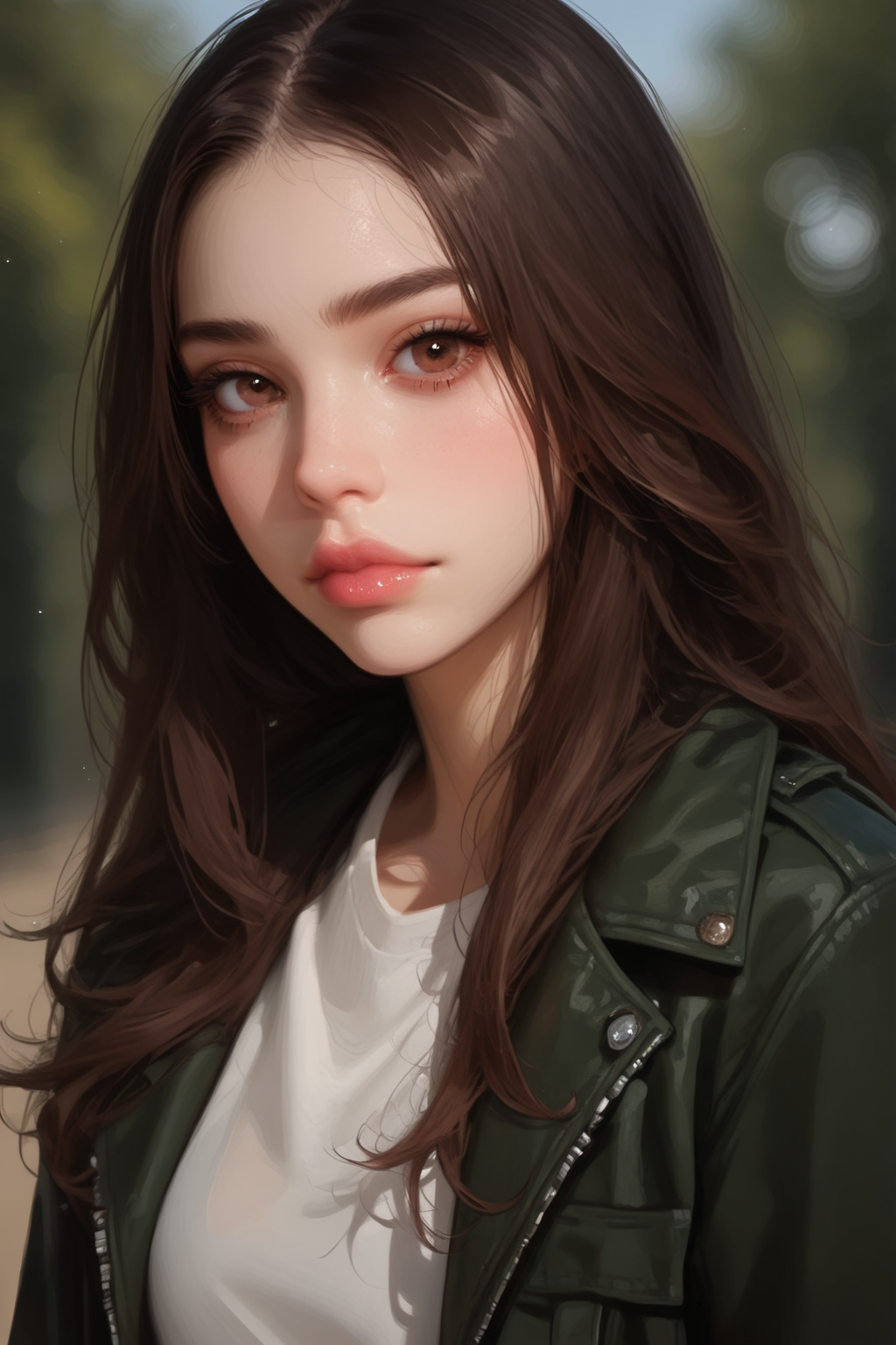 1girl, solo, , brown eyes, long hair, looking at viewer, , black hair, shirt, jacket, upper body, closed mouth, brown hair, portrait, blurry, lips, nose, depth of field, realistic,
 <lora:re--mix50:1>