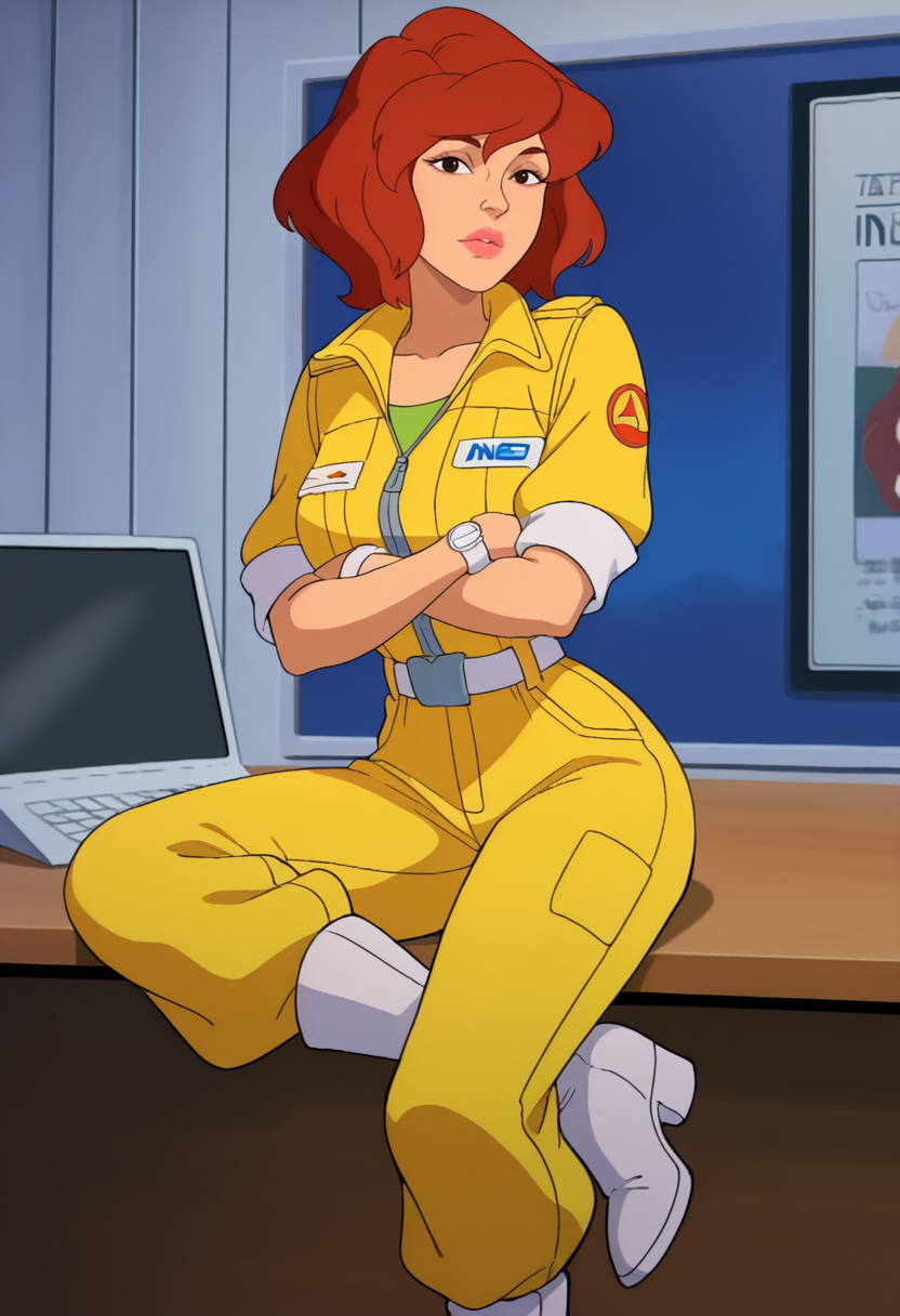 best quality, masterpiece, absurdres, newest, highly detailed, (official style: 1.1), cartoon, parody, anime coloring,
<lora:TMNT_1987_-_Cartoon_Screen_Captured_Style:1> 1987tmnt5tyl3, 1girl, brown red hair, short hair, yellow jumpsuit, brown eyes, black eyes, lips, narrow waist, white belt, white wrist watch, white boots, looking at viewer, arms crossed, sitting on a desk, news room,
April O'Neil \(Teenage Mutant Ninja Turtles\),