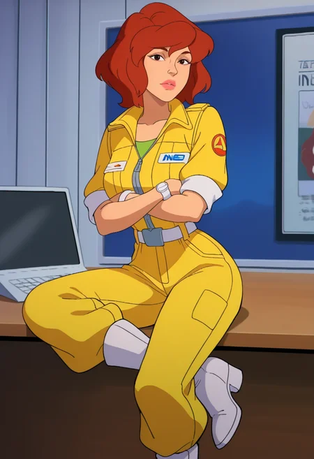 best quality, masterpiece, absurdres, newest, highly detailed, (official style: 1.1), cartoon, parody, anime coloring,
<lora:TMNT_1987_-_Cartoon_Screen_Captured_Style:1> 1987tmnt5tyl3, 1girl, brown red hair, short hair, yellow jumpsuit, brown eyes, black eyes, lips, narrow waist, white belt, white wrist watch, white boots, looking at viewer, arms crossed, sitting on a desk, news room,
April O'Neil \(Teenage Mutant Ninja Turtles\),