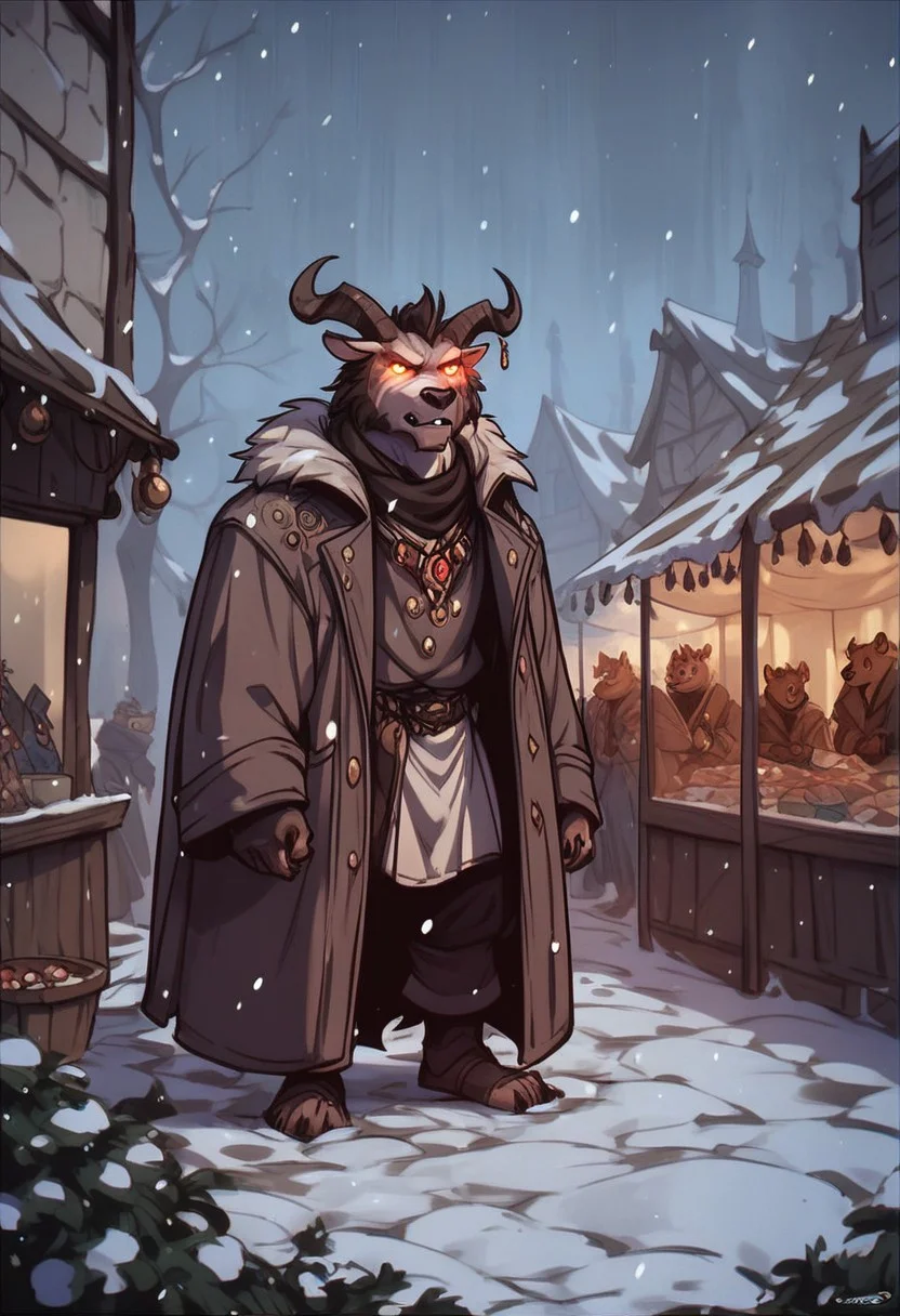 score_9, score_8_up, score_7_up, perfecteyes, anthro bear, square, market, glowing, male 30-40 years old,winter,long coat, brutality, jewellery, snowfall, drifts,fantasy,Vintage,