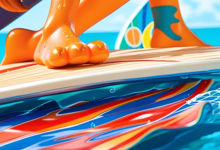 score_9, score_8_up, score_7_up, score_6_up, score_5_up, score_4_up, 1girl, furry female, kiff chatterley, orange squirrel, barefoot, orange feet, 3 toes, foot focus, close-up, water, surfing, feet on surfboard, wet on feet, close-up