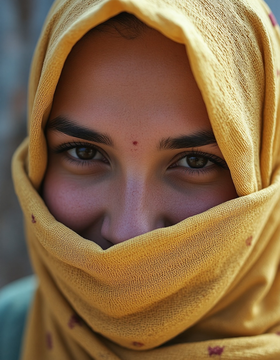 A macro image of a veiled Moroccan shy woman smiling, revealing the fine details and matte textures, wide range of colors, high Dynamic, 
cinematic light, dramatic light, shallow depth of field,  high budget, bokeh, cinemascope, film grain, grainy,