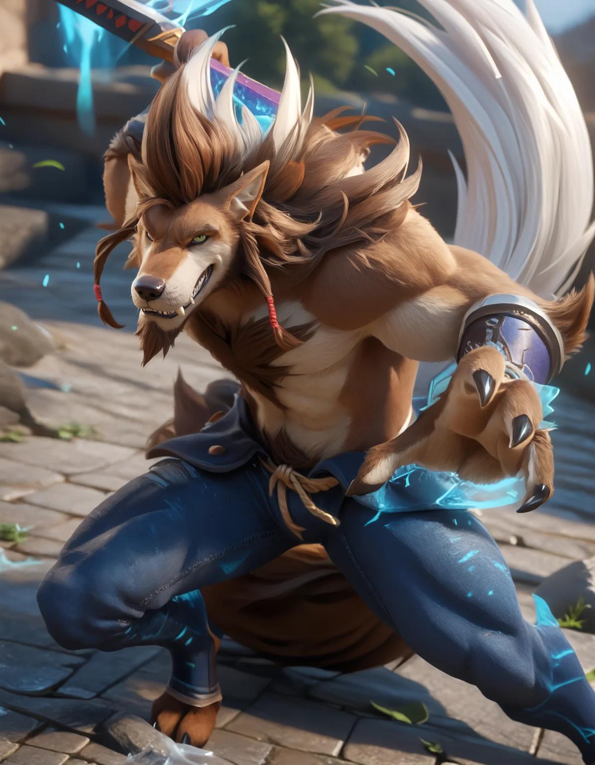 score_9, score_8_up, score_7_up, BREAK (anthro, furry:1.1), depth of field, cinematic lighting, masterpiece, (detailed hands:1.25), best quality, ultra realistic, 4k, 2k, film photography, RAW photo, photorealistic, analog style, subsurface scattering, photorealism, embedding:unaestheticXL_bp5, embedding:zPDXL,(best quality, high quality, 8K:1.5), <lora:add-detail-xl:2.5>, <lora:fix_hands.safetensors:2.0>, <lora:2.5DRealisticV2.safetensors:0.3>, <lora:sinfully_stylish_SDXL.safetensors:0.6>, <lora:AdvancedEnhancerXLv2.safetensors:1.0>, (hi res), ((masterpiece)), ((best quality)), illustration, <lora:Ricardo_Welkin.safetensors:0.7>, Ricardo Welkin, canid, canine, canis, mammal, wolf, abs, anthro, beard, body hair, green eyes, bottomwear, brown body, brown fur, brown hair, chain, chest hair, clothed, clothing, facial hair, fangs, fur, hair, looking at viewer, male, melee weapon, pants, pecs, solo, sword, teeth, topless, weapon (three-quarter portrait, side view, looking at viewer, hands on hips, atlantis midnight spark blizzard leaf, sitting head down:1.15)