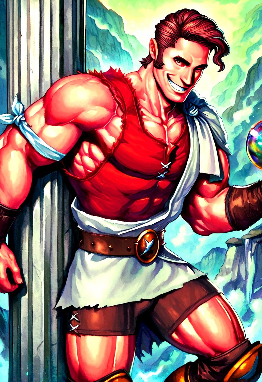 masterpiece, best quality, amazing quality, very aesthetic, absurdres, newest,gohheracilxl leaning against a marble pillar, 1boy, brown hair, mature male, smile, grin, male focus, belt, muscular, red undershirt, brown shorts, white toga, single cloth armband, bulging muscles, belt buckle, sideburns, athletic build, sideswept hair, vibrant details, FMIXF, close up, looking at viewer