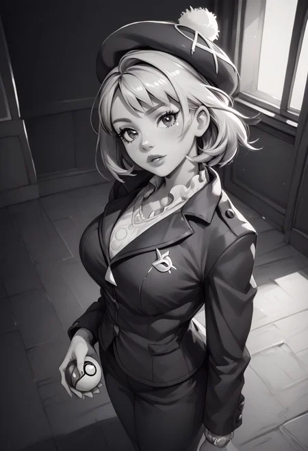 ( monochrome, grayscale,)
score_9, score_8_up, score_8, 1girl, (large breasts), 
pretty girl, indoors, 
 from above, 
BREAK, 
 gloria (pokemon), hat, looking at viewer, black jacket, formal, suit, black background, lips, curvy, head tilt, shiny clothes, holding pokeball,