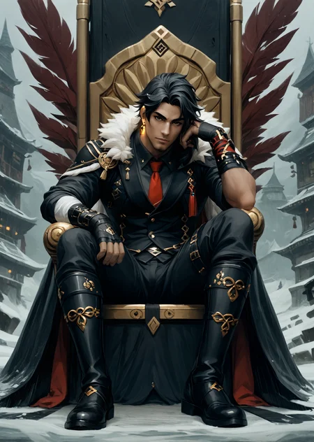Score_9, score_8_up, score_7_up, score_6
(highres, semi-realistic, official art, official wallpaper, absurdres)
OMFV2 wriothesley \(genshin impact\), 1boy, arm up, bandaged arm, bandages, black bandages, black choker, black footwear, black fur, black gloves, black hair, boots, cape, chain, choker, crossed legs, ear piercing, earrings, fingerless gloves, full body, fur trim, gloves, grey vest, hand on own face, hand on own knee, jewelry, knee boots, light smile, looking at viewer, male focus, multicolored hair, multiple earrings, necktie, piercing, purple eyes, red necktie, scar, scar on arm, sitting, sitting on throne, solo, straight-on, throne, two-tone hair, very long cape, vest, white cape
<lora:intricate_details:0.8> intricate_details_xl <lora:more_details:0.8> <lora:Our Muted Future Pony V2:1.8>
