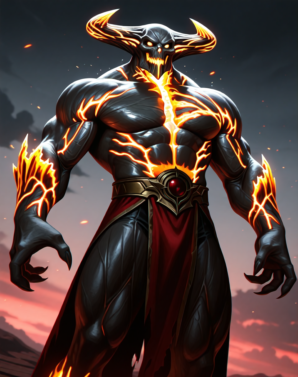 <lora:Corrupted_Shinnok_(Mortal_Kombat)_(Illustrious)_(AD):0.65> Corrupted Shinnok, muscular, Mortal Kombat,
dutch angle, exterior, battleground, dynamic action, dutch angle, anime dark night sky with detailed black clouds, 
unstoppable end boss, video game screenshot, male chest focus, bent arm, hyper muscular, 
large shoulders, large biceps, large thighs, large rounded protruding pecs, thick neck, wide thick upper body, 
BREAKvery awe, aesthetically pleasing, masterpiece, best quality, amazing quality, very aesthetic, perfect depth of field shot, masterclass color theory, in'ei, gradient style coloring, photographic realism, 8K CGI render, bara, 
Smooth Quality, lazympos, IllustQualXL_Pos,