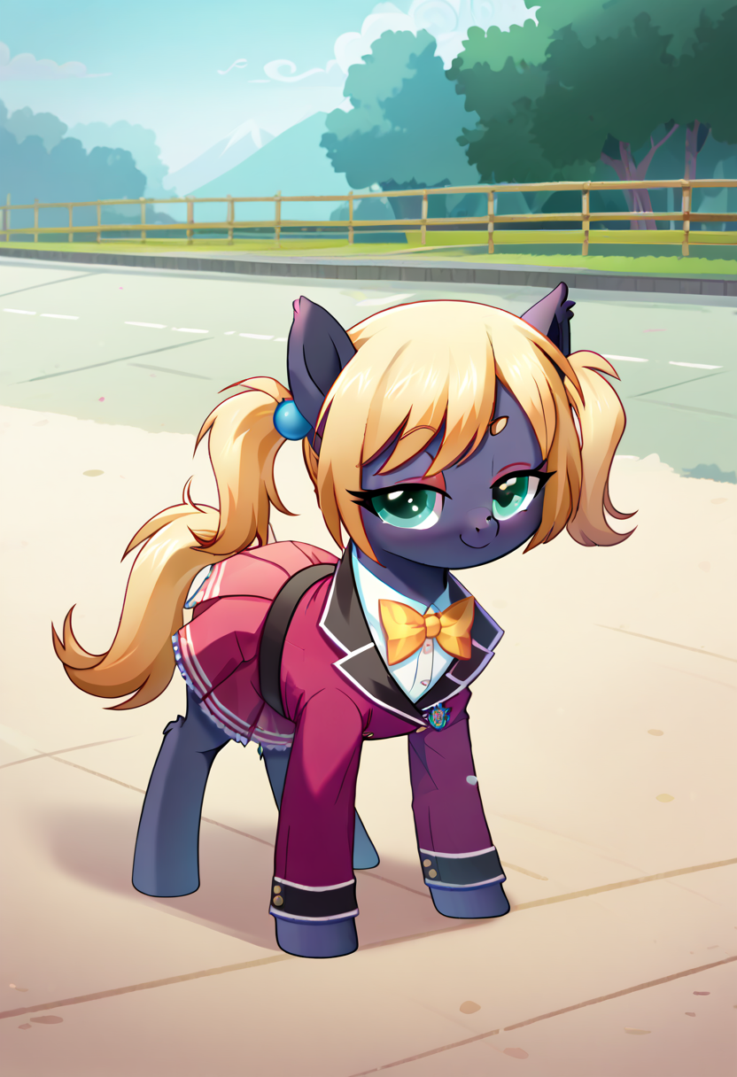 score_9,score_7_up,(source_pony:1.2),MLP Style,show accurate,zPDXL2,outdoors BREAK
(pony:1)<lora:kohinata:0.8>k0hinata,blonde hair,twintails,green eyes,hair bobbles,small breasts,school uniform,red blazer,hooves,MLP Style,(detailed cute pony face),detailed eyes,detailed fur,beautiful,vector,flat colors,all fours,smug,zorua tail,