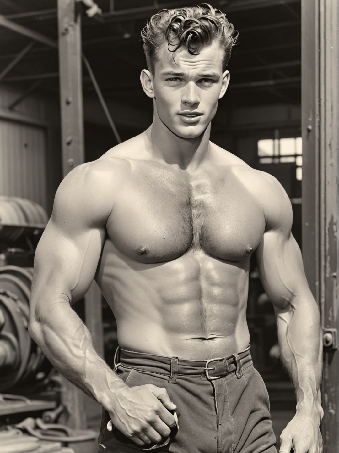 1950's candid photo of a brawny 25yo playboy, working, industrial, sweaty