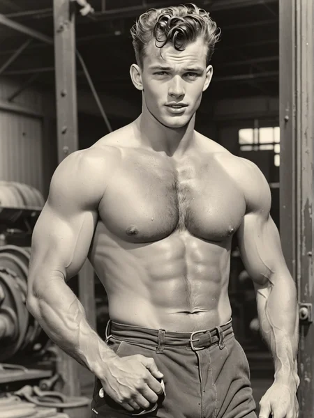 1950's candid photo of a brawny 25yo playboy, working, industrial, sweaty