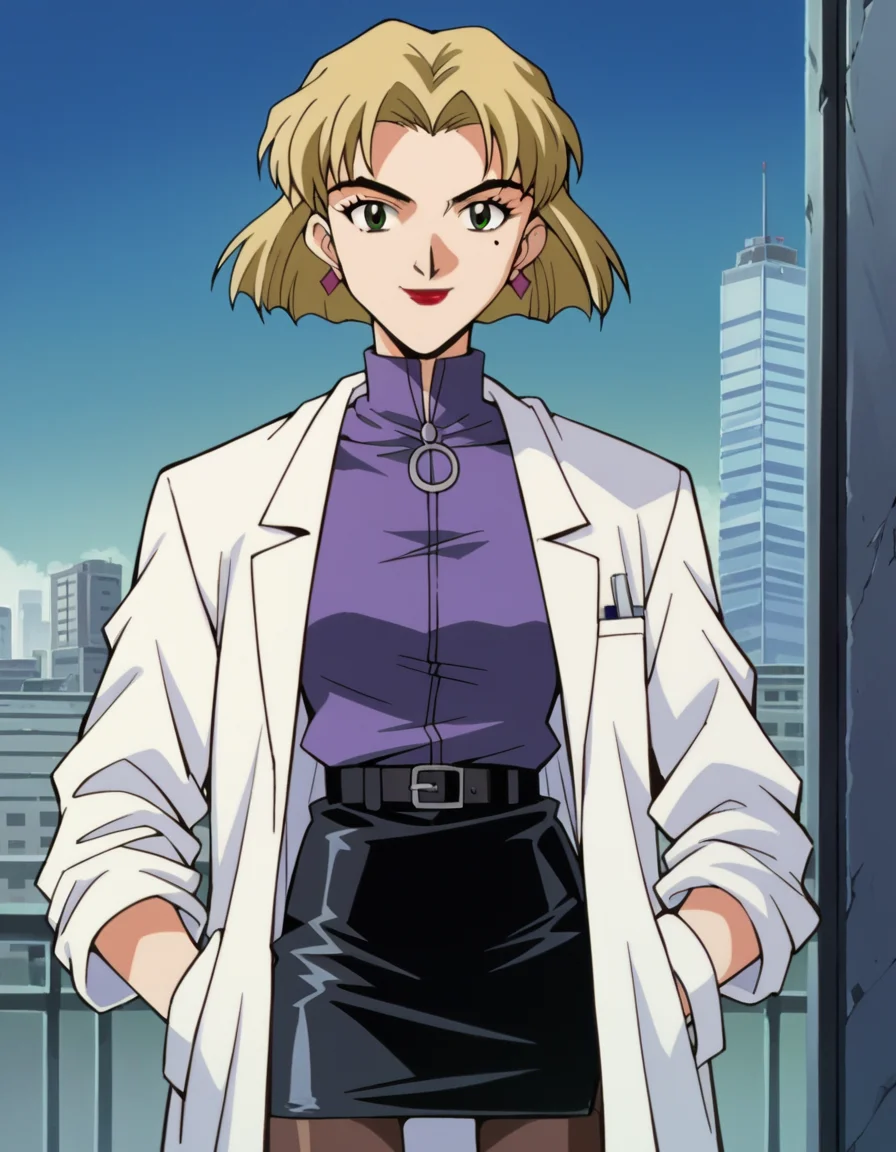 score_9, score_8_up, score_7_up, source_anime,
ritsukoakagi, <lora:ritsuko-akagi-classic-ponyxl-lora-nochekaiser:1>,
ritsuko akagi, short hair, blonde hair, mole, mole under eye, parted bangs, green eyes,
lipstick, skirt, jewelry, pantyhose, earrings, belt, pencil skirt, labcoat, shirt, purple shirt, turtleneck, zipper,
cityscape, smile,
cowboy shot, looking at viewer, solo, dutch angle,