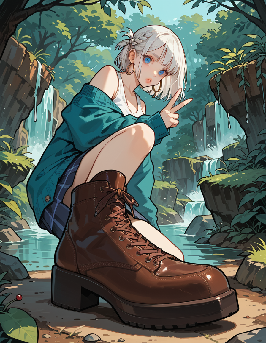 score_9, score_8_up, score_7_up, score_6_up, score_5_up, score_4_up, hud_sh03_sh0w, 1girl, solo, Violet , high heels, Cable knit cardigan, white tank top, navy plaid skirt, and brown knee-high boots, Babe, Average Height, Skinny, Triangular Face, Fair Skin, White Hair, blue Eyes, Short Nose, Thick Lips, Sharp Chin, Shoulder-Length Hair, Straight Hair, Waterfall Braid, large breasts, Hoop earrings, cherry metallic lipstick, Chic wine tasting event foreshortening, looking at viewer, double v, <lora:showinshoes:0.8>, outdoors,