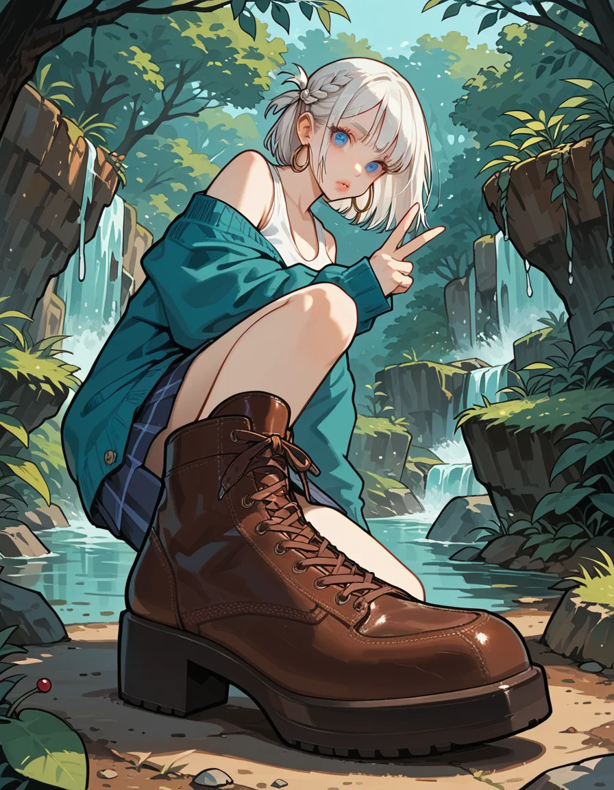 score_9, score_8_up, score_7_up, score_6_up, score_5_up, score_4_up, hud_sh03_sh0w, 1girl, solo, Violet , high heels, Cable knit cardigan, white tank top, navy plaid skirt, and brown knee-high boots, Babe, Average Height, Skinny, Triangular Face, Fair Skin, White Hair, blue Eyes, Short Nose, Thick Lips, Sharp Chin, Shoulder-Length Hair, Straight Hair, Waterfall Braid, large breasts, Hoop earrings, cherry metallic lipstick, Chic wine tasting event foreshortening, looking at viewer, double v, <lora:showinshoes:0.8>, outdoors,