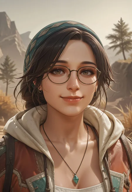 realistic, 
monster_hunter_wilds_alma, mnstrhntrwldslm, monster hunter \series\, monster hunter \character\, monster hunter wilds, 1girl, backpack, bag, black hair, glasses, hood, hood down, jewelry, necklace, lips, long hair, nose, 
upper body, looking at viewer, portrait, 
outdoors, smile, 
<lora:monster_hunter_wilds_alma_illustrious:0.7>