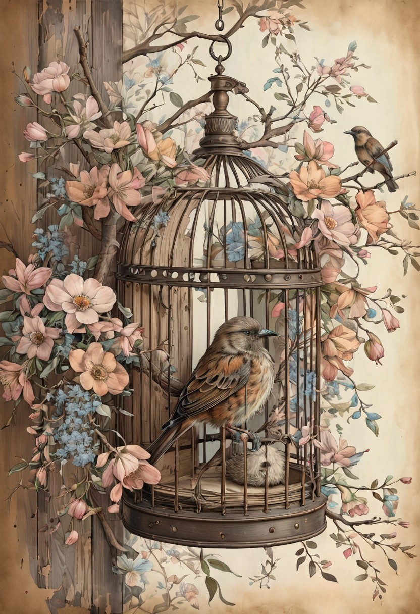 light pastell tones, very aged dark brown paper, inkpunk, Botanical illustration, 1bird sitting in a birdcage, door open, multicolored flowers, branches, fine lines, will-o'-the-wipe light, overall detail, extremely detailed,awardwinning, masterpiece
