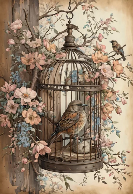 light pastell tones, very aged dark brown paper, inkpunk, Botanical illustration, 1bird sitting in a birdcage, door open, multicolored flowers, branches, fine lines, will-o'-the-wipe light, overall detail, extremely detailed,awardwinning, masterpiece