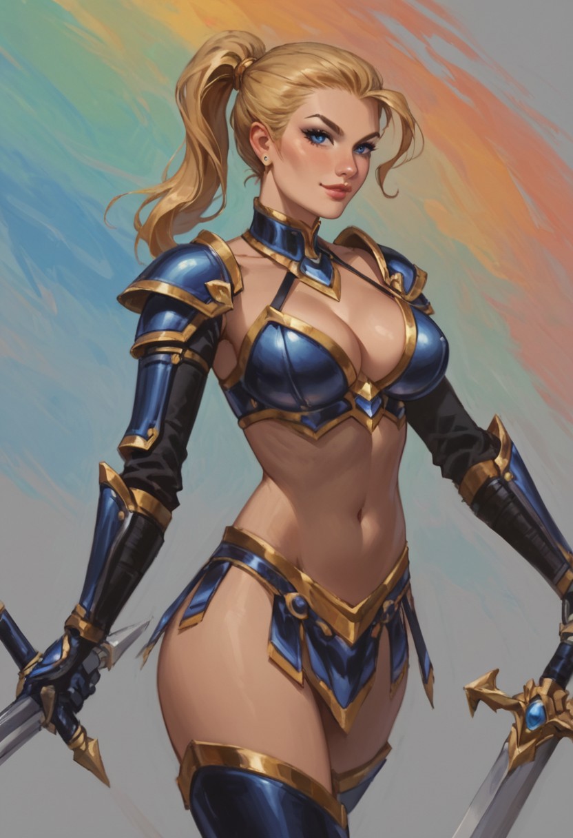 (score_9_up, score_8_up, score_7_up, score_6_up),, (high quality), (high resolution), , beautiful eyes, perfect lips, Taria_Mace, blonde hair, ponytail, blue eyes, bikini armor, dark-blue armor, thighhigh boots, greaves, shoulder armor, pauldron, armored arms, gauntlets, gold trim, two swords, standing, looking at view, evil smirk, large breasts, wide hips, slim waist, sexy BREAK, colorful background, BREAK score_9, score_8, score_7