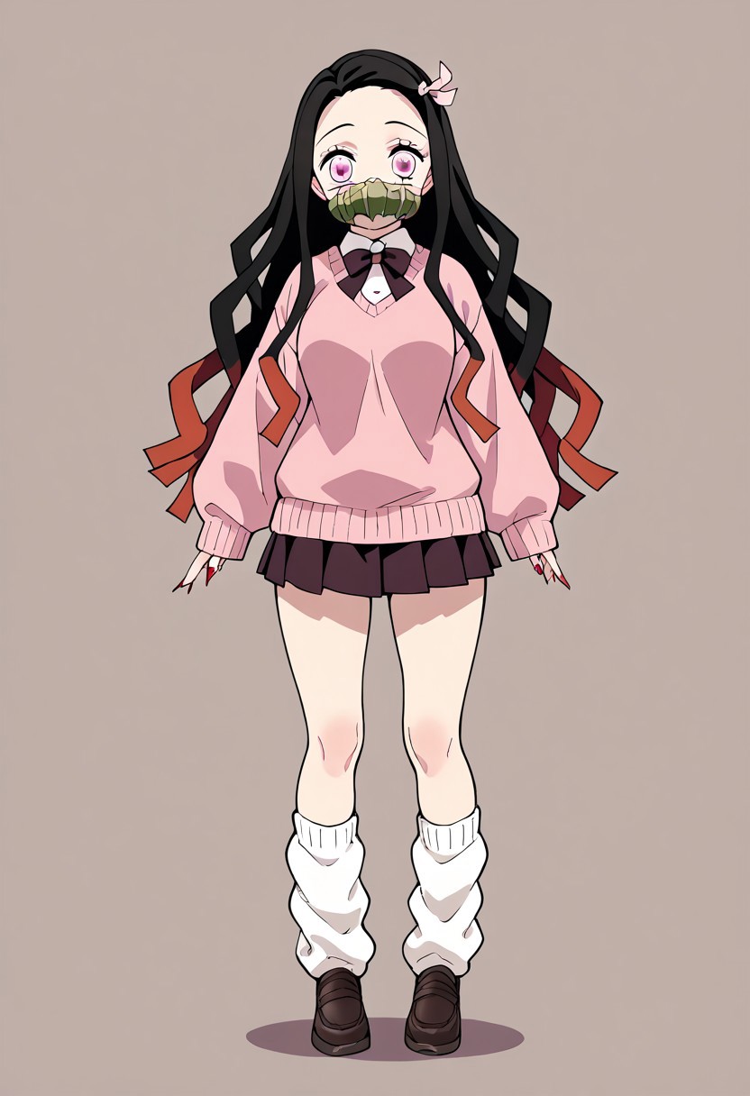 masterpiece, best quality, kimetsu no yaiba 
source_anime,
kamado nezuko, kimetsu no yaiba, 1girl, alternate costume, black hair, breasts, contemporary, female focus, fingernails, forehead, gradient hair, hair ribbon, long hair, long sleeves, looking at viewer, loose socks, mask, medium breasts, multicolored hair, nail polish, pink eyes, pleated skirt, red hair, red nails, ribbon, school uniform, sharp fingernails, skirt, sleeves past wrists, socks, solo, standing, sweater, white socks