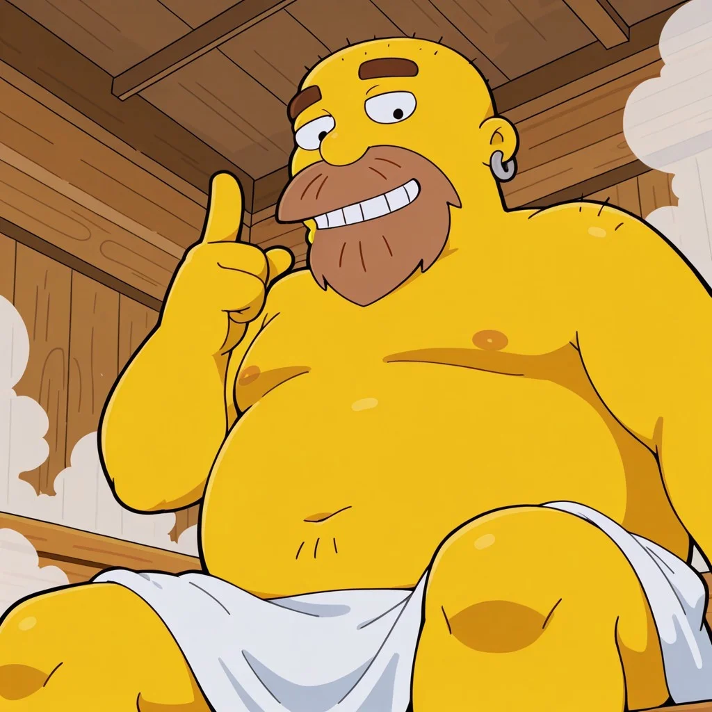 Sh4wn, detail background, black outline, cartoon male, yellow skin, brown beard, beard around on mouth, bald, earring, black eyes, cartoon eyes, thick dark brown eyebrows, chubby, overweight, belly, fat, BREAK, white towel around waist, looking down at viewer, inside, indoors, sauna, sitting, excessive steam, steam, perfect pose, finger up, close-up, from below, leaning forward