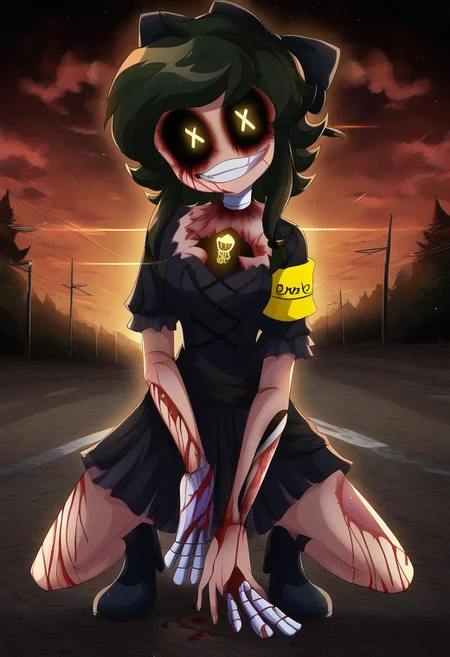 Masterpiece, High quality, OC, anime, Female Adult woman, solo, 1girl, Cyn, 1girl, solo, x pupils, black hair, smile, black dress, armband, yellow armband, extra hands, sinister smile, looking at viewer. Crouching, bottom close up view, blood Red cloud sky, dead trees background, Hand on ground scratching the ground, blood on hands, blood scratches on ground.