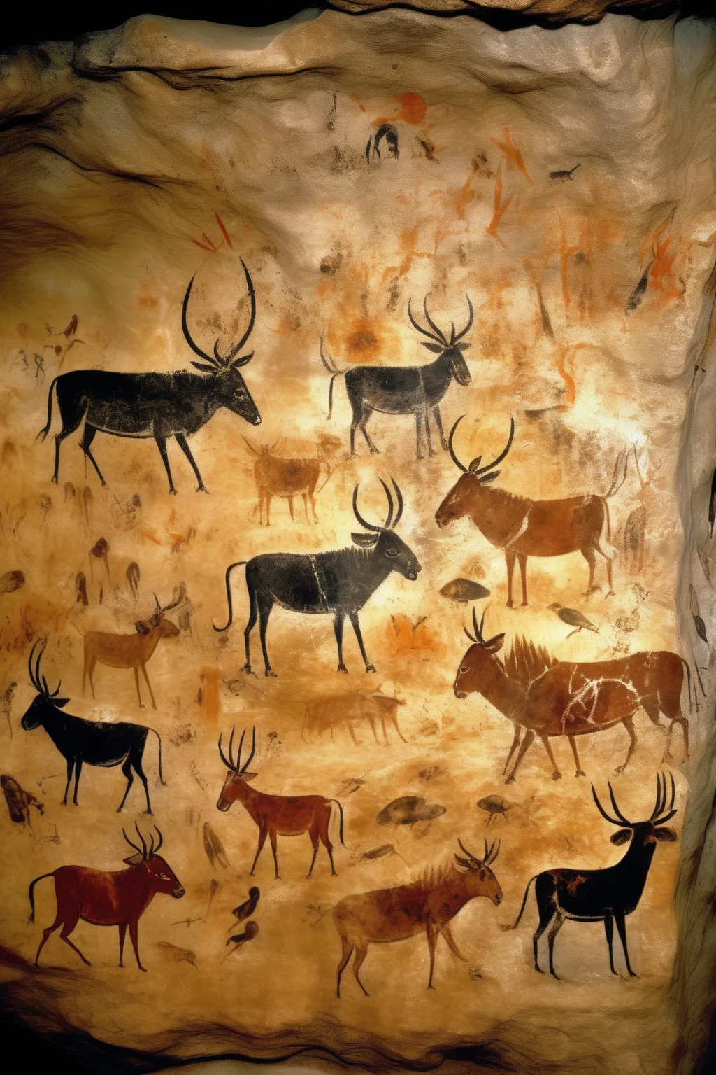 <lora:Lascaux:1>Lascaux - Rock painting style, Lasco cave mural, featuring primitive people smashing stone tools, grilling meat on fire, hunting, etc. The ancients used stone spears, bows and arrows to chase wild deer and surround them Rhinoceros and wild boars, hunted and returned by ancient people, barbecued on fire, and ancient humans suppressed fine stone tools; Platinum Treasure pottery made by ancient humans; Fishing with nets; There are birds flying in the picture. The sun is constantly setting towards the west directly above, and the picture gradually darkens into a dark sky. Ethnic paintings, Congolese art, storyboards, action paintings, ancient murals, and African influences