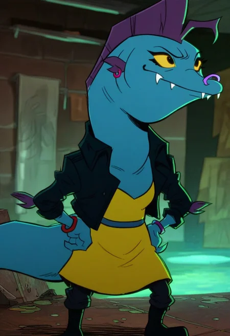 score_9_up, score_8_up, score_7_up, score_6_up, 1girl, solo, lee_tmnt, furry female, purple mohawk, fangs, nose ring, earrings, bracelets, black leather jacket, yellow dress, pants, boots, yellow eyes, yellow sclera, (standing in a sewer), hands on hips, smug smile