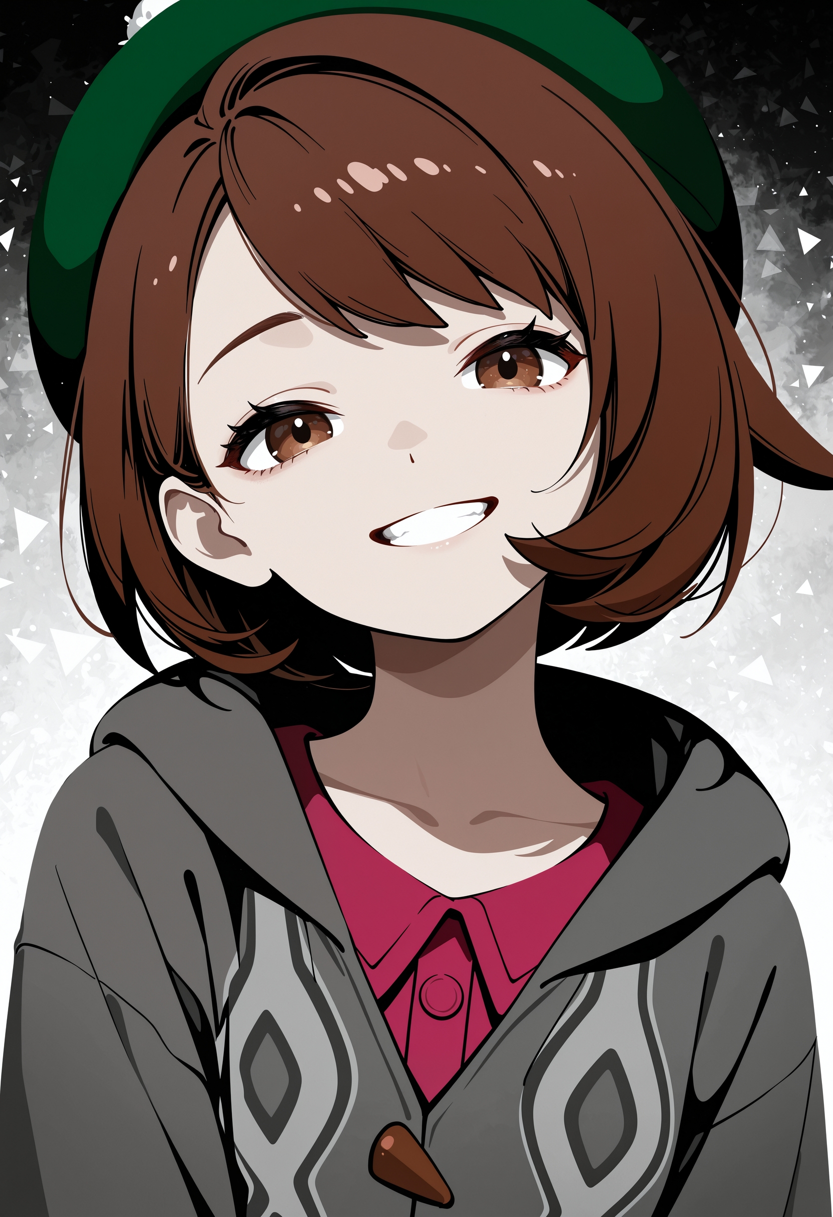 masterpiece, best quality, amazing quality, very aesthetic, absurdres, newest, cvle01, 1girl, solo, (minimalism:1.2), flat-colors, flat-shading, monochrome, (spot-color), gloria-\(pokemon\), short-hair, brown-hair, brown-eyes, smile, grin, head-tilt, green tam-o'-shanter, clothed, portrait, facing-viewer, abstract-background, two-tone-background, gradient-background, detailed hair, volumetric lighting, realistic-lighting,