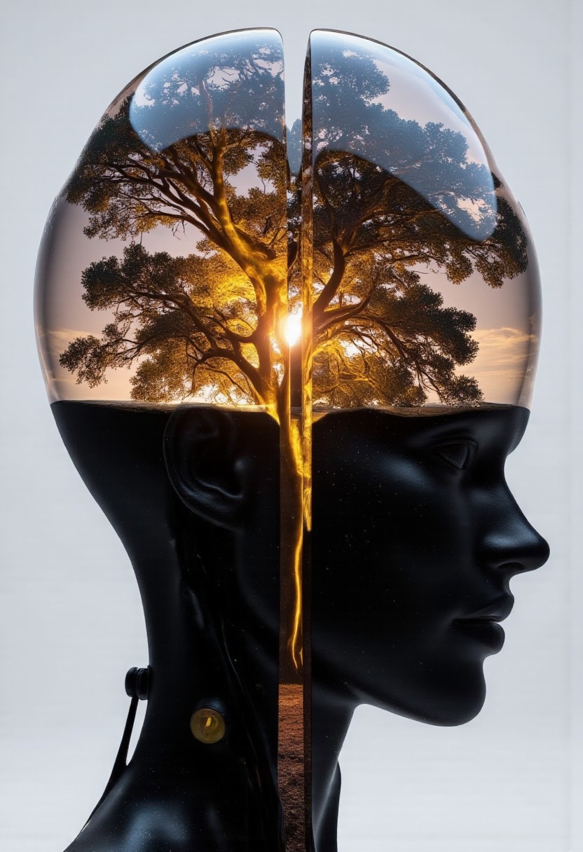 Delirium style. The image is a digital artwork, rendered in a hyper-realistic CGI style, featuring a surreal and abstract depiction of a human head. The central figure is a stylized, almost robotic humanoid head with a glossy, dark, almost black surface that reflects and refracts light, giving it a sleek, metallic appearance. The head is split vertically, with the upper half forming a hollow, transparent, and reflective dome. Inside this dome, a stunning, glowing image of a tree with a fiery, orange-yellow aura is visible, creating a stark contrast to the dark outer surface.