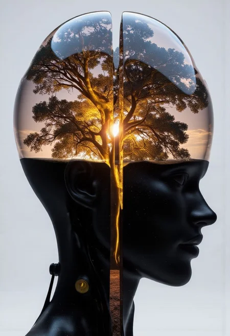 Delirium style. The image is a digital artwork, rendered in a hyper-realistic CGI style, featuring a surreal and abstract depiction of a human head. The central figure is a stylized, almost robotic humanoid head with a glossy, dark, almost black surface that reflects and refracts light, giving it a sleek, metallic appearance. The head is split vertically, with the upper half forming a hollow, transparent, and reflective dome. Inside this dome, a stunning, glowing image of a tree with a fiery, orange-yellow aura is visible, creating a stark contrast to the dark outer surface.