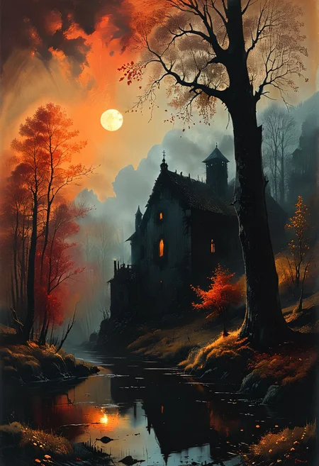 gothic style (masterpiece, best quality, hyper detailed, ultra realistic, 32k, RAW photo) rustic pond, rolling hills scattered with trees, autumn, sunset, sharp focus, intricate, detailed illustration, beautiful color palette, incredible details, high contrast, high dynamic light, perfect composition and chiaroscuro by Rembrandt, concept art, by Jarek Kubicki, by Raphael Lacoste, John Pitre, Karine Eibatova, by Ralph Blakelock, by Julie Bell, by Jim Warren, by Aleksey Savrasov . dark, mysterious, haunting, dramatic, ornate, detailed,
<lora:The_Dark_Side_of_the_Earth:0.8>,