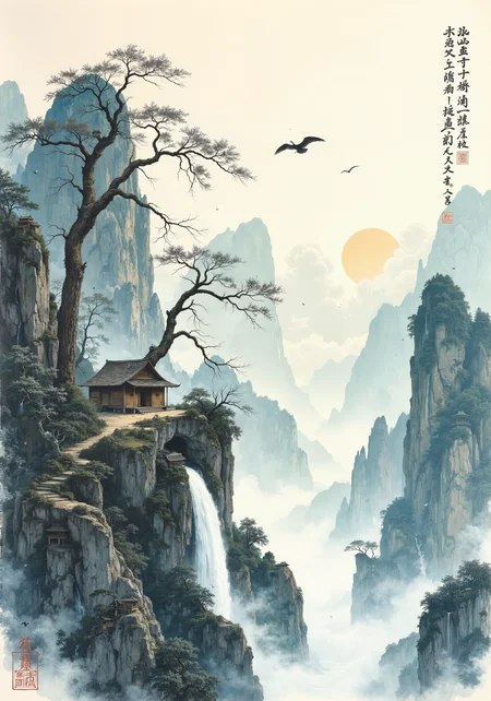 Classic mountain shanshui painting depicting a secluded Taoist immortal's dwelling nestled among towering karst peaks, executed in traditional ink wash technique with varying tonal gradations. Masterful dry-brush strokes define ancient pine trees clinging to precipitous cliffs, their twisted forms embodying resilience and longevity. A small waterfall cascades into a misty valley below, rendered with delicate white space suggesting ethereal vapor. The immortal's humble abodeâa simple wooden structure with upturned eavesâsits harmoniously within the landscape, following Song Dynasty compositional principles. Scattered calligraphic inscriptions in running script complement the visual narrative, expressing harmony between humanity and nature. Subtle mineral pigments of azurite blue suggest distant mountains receding into atmospheric perspective. A solitary craneâsymbol of longevityâsoars through clouds executed with fluid, spontaneous xieyi brushwork. The scene captures the Taoist ideal of withdrawal from worldly affairs, embodying the philosophical concept of wuwei (non-action) through balanced negative space and contemplative tranquility. <lora:Illustration_Style_IV:0.3> <lora:Mezzotint_Artstyle_for_Flux_-_by_Ethanar:0.3> <lora:flux_dev:1>