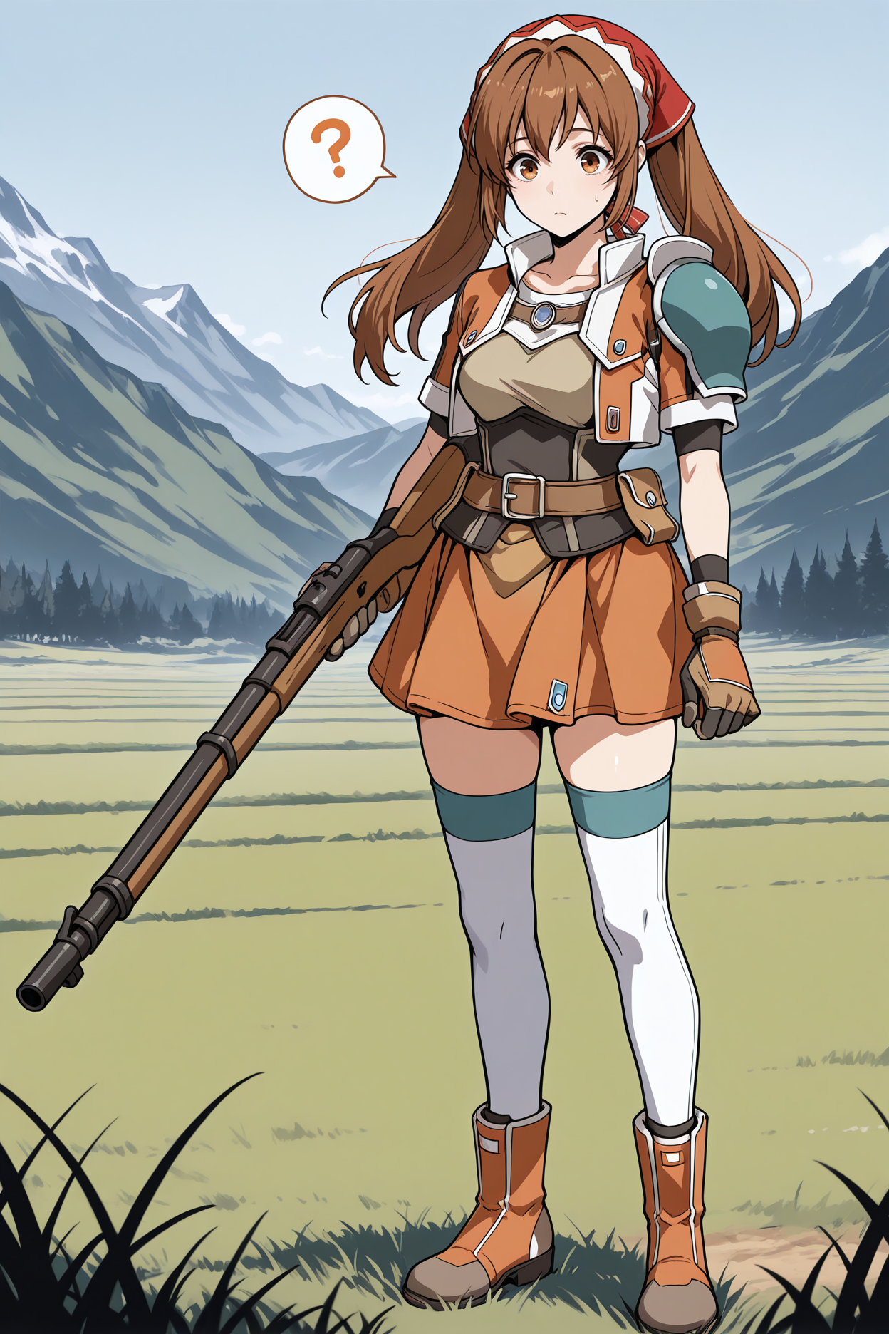 masterpiece, best quality, 1girl, solo, <lora:vcalicia-illu-nvwls-v1-000006:0.9> vcalc, twintails, brown hair, long hair, red headscarf,  <lora:estellebright-illu-nvwls-v1:1>  cropped jacket, orange and white jacket, short sleeves, green shoulder pad, single shoulder pad, beige shirt, corset, orange skirt, belt, white thighhighs, brown gloves, orange boots, full body, holding rifle, confused, field, spoken question mark, mountains