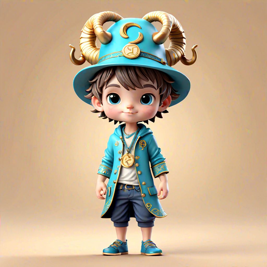 IP image of a cute boy with Zodiac sign Capricorn elements, hat with sea goat, full body, stylish clothes, technological elements, intricate details, blind box toy, model, fine gloss, 3d rending, best quality, front view, 8k, HD, soft  color