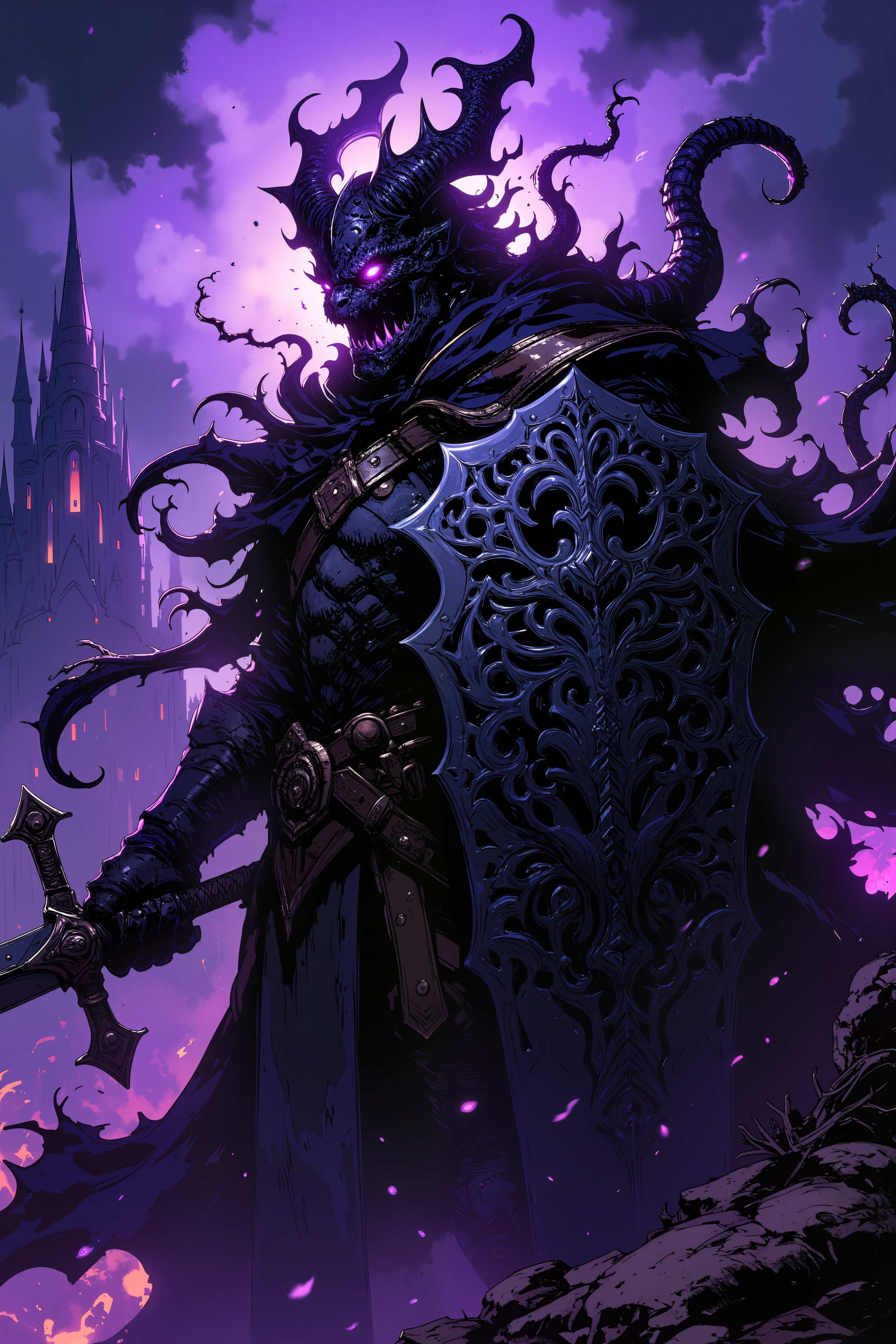 A shadow dragon knight moves like liquid darkness, his armor drinking in light from the world around him. His sword 'Twilight's Edge' cuts through both flesh and shadow, leaving wounds in reality itself. Tendrils of living darkness writhe around him like curious serpents. His helm is shaped like a dragon's head with horns of shadowsteel that bend light around them, its eyes glowing with purple flame. His armor bears the crest of the Nightfall Dynasty - a dragon swallowing its own shadow - worked in black diamonds and void-touched silver. His tower shield ripples like a dark pool, decorated with a tree formed of intertwined serpents whose eyes glow with the same purple fire as his helm. A city of shadows stretches behind him, its spires built from solidified darkness.  Fantastic lighting. Detailed shadows.intricate details, vivid colors, hyper-detailed, ultra-sharp<lora:Ev_Ganin:0.4><lora:Vintage comic book:0.4><lora:RetroAnimeFluxV1:0.15><lora:Greg_Capullo_style:0.4><lora:jeanClaude_Mzires_Style_FLUX-000001:0.4><lora:Flux_Ink_Anime:0.4>