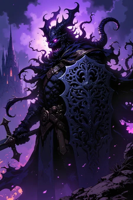 A shadow dragon knight moves like liquid darkness, his armor drinking in light from the world around him. His sword 'Twilight's Edge' cuts through both flesh and shadow, leaving wounds in reality itself. Tendrils of living darkness writhe around him like curious serpents. His helm is shaped like a dragon's head with horns of shadowsteel that bend light around them, its eyes glowing with purple flame. His armor bears the crest of the Nightfall Dynasty - a dragon swallowing its own shadow - worked in black diamonds and void-touched silver. His tower shield ripples like a dark pool, decorated with a tree formed of intertwined serpents whose eyes glow with the same purple fire as his helm. A city of shadows stretches behind him, its spires built from solidified darkness. Fantastic lighting. Detailed shadows.intricate details, vivid colors, hyper-detailed, ultra-sharp<lora:Ev_Ganin:0.4><lora:Vintage comic book:0.4><lora:RetroAnimeFluxV1:0.15><lora:Greg_Capullo_style:0.4><lora:jeanClaude_Mzires_Style_FLUX-000001:0.4><lora:Flux_Ink_Anime:0.4>