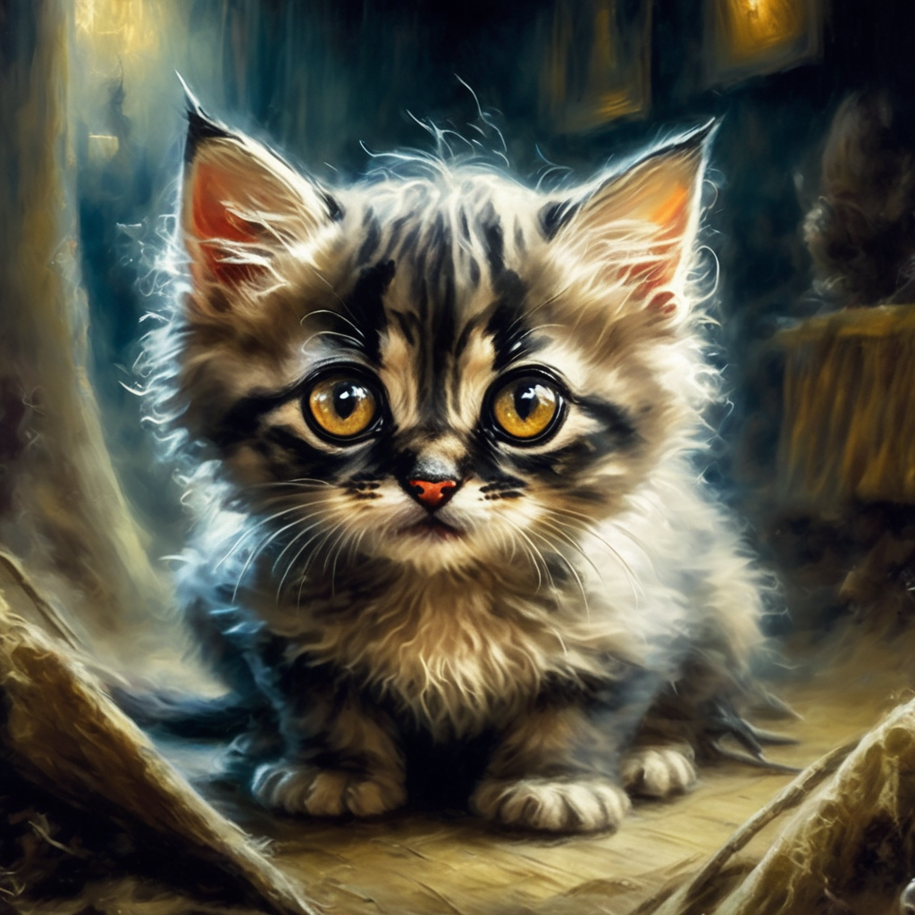 artmix05 am05 closeup scared little fluffy kitten with big eyes in room, dark background, very detailed  <lora:artmix05:1.4>
