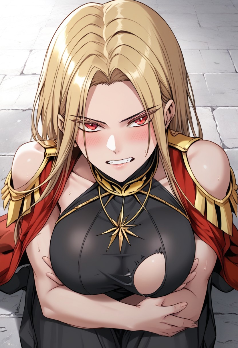 score_9, score_8_up, score_7_up, score_6_up,  source_anime, rating_explicit, 1girl, breasts, skirt, thighhighs, solo,1girl, breasts, Victoria,1girl,  mature female, (huge breasts:1.3),(military uniform:1.3), red coat, black thighhighs, gloves, red skirtred_cape, blonde_hair, solo, long_hair, cape, dress, clenched_teeth, small_head, yellow_eyes, glaring, looking_at_viewer, angry, stone_floor, teeth, kneeling, (black_dress:1.5), barefoot,sweat, scowl, parted_bangs, thighs, bare_legs, bangs, sitting, v-shaped_eyebrows, blush, japanese animation, absurdres, toned, black_hair_tie, high contrast, aesthetic, toned, vivid color, muscular, (wide_shoulders:1.2), wide hips, 2d, thighs, beautiful, sexy, cute_face,open_mouth,bangs, (thick_thighs:1.2), (huge_hips:1.2), (large shoulders:1.2), finely detailed beautiful eyes, finely detailed face,delicate facial features, (tall:1.4), small head,  beautiful eyes and detailed face,toned,(healthy_body:1.2), (best quality, high quality, masterpiece, hyper detail, detailed face,detailed_eyes,detailed_pupils:1.3), collarbone, (detailed_eyes:1.5) ,(masterpiece:1.7),(high quality:1.7), same_eyes,same_pupils,(clear:1.5), detailed_eyes, collarbone, bangs, detailed_eyes, black_clothes, detailed_arms, amazing quality, (large_shoulders:1.4), wariza, (torn_clothes:1.5), upper body, covered_shoulders, muscle, broken floor, detailed_hands,taut_clothes,epaulettes, crossed arms,hands on own breasts,tattered clothes