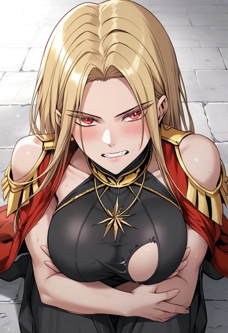 score_9, score_8_up, score_7_up, score_6_up, source_anime, rating_explicit, 1girl, breasts, skirt, thighhighs, solo,1girl, breasts, Victoria,1girl, mature female, (huge breasts:1.3),(military uniform:1.3), red coat, black thighhighs, gloves, red skirtred_cape, blonde_hair, solo, long_hair, cape, dress, clenched_teeth, small_head, yellow_eyes, glaring, looking_at_viewer, angry, stone_floor, teeth, kneeling, (black_dress:1.5), barefoot,sweat, scowl, parted_bangs, thighs, bare_legs, bangs, sitting, v-shaped_eyebrows, blush, japanese animation, absurdres, toned, black_hair_tie, high contrast, aesthetic, toned, vivid color, muscular, (wide_shoulders:1.2), wide hips, 2d, thighs, beautiful, sexy, cute_face,open_mouth,bangs, (thick_thighs:1.2), (huge_hips:1.2), (large shoulders:1.2), finely detailed beautiful eyes, finely detailed face,delicate facial features, (tall:1.4), small head, beautiful eyes and detailed face,toned,(healthy_body:1.2), (best quality, high quality, masterpiece, hyper detail, detailed face,detailed_eyes,detailed_pupils:1.3), collarbone, (detailed_eyes:1.5) ,(masterpiece:1.7),(high quality:1.7), same_eyes,same_pupils,(clear:1.5), detailed_eyes, collarbone, bangs, detailed_eyes, black_clothes, detailed_arms, amazing quality, (large_shoulders:1.4), wariza, (torn_clothes:1.5), upper body, covered_shoulders, muscle, broken floor, detailed_hands,taut_clothes,epaulettes, crossed arms,hands on own breasts,tattered clothes