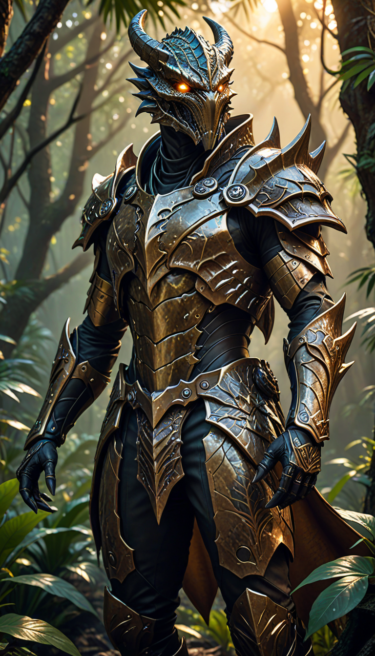 a sleek camouflaged dragonborn, cowboy shot, in an alien jungle at sunset, caustic rim lighting, hard shadows, dimly glowing mechanical eyes, low contrast,