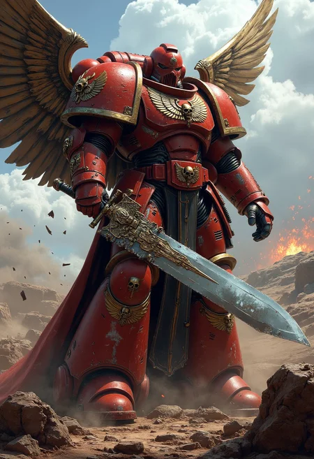 A towering blood angels Warhammer 40k Space Marine in full ceramite power armor, standing amidst a war-torn battlefield with a bolter pistol and a chainsaw-sword.