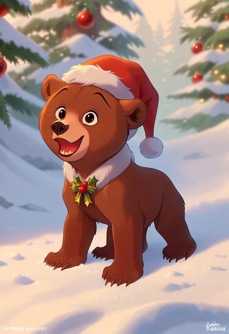score_9, score_8_up, score_7_up, masterpiece, best quality, magical landscape with enchanted elements, fantasy art style, Christmas theme, intricate details, ultra sharp, exquisite detail, flawless composition, vivid colors, masterpiece, exciting background, Christmas tree, Christmas,winter forest, BeverlySF, detailed fur, santa hat, christmas critters, Koda, Brother bear, cute