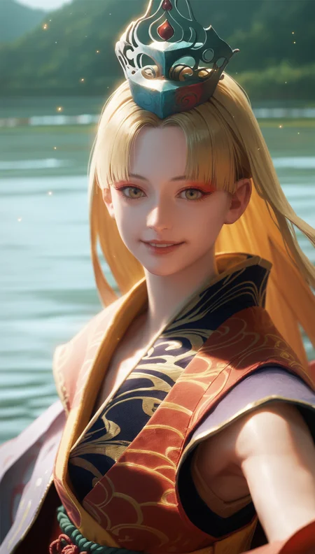 score_9,score_8_up,score_7_up,
<lora:Yoshiro:0.9>,
yoshirogoddess,
realistic,
1girl,solo,
blonde hair,long hair,hime cut,
yellow eyes,red eyeshadow,
looking at viewer,parted lips,smile,
blue headdress,white and red-to-purple gradient cape,orange sleeveless top robe,red ribbon,intricate and detailed design,
portrait,
blurry background,bloom,lens flare,shimmering water background reflecting sunlight,lake,light particles,