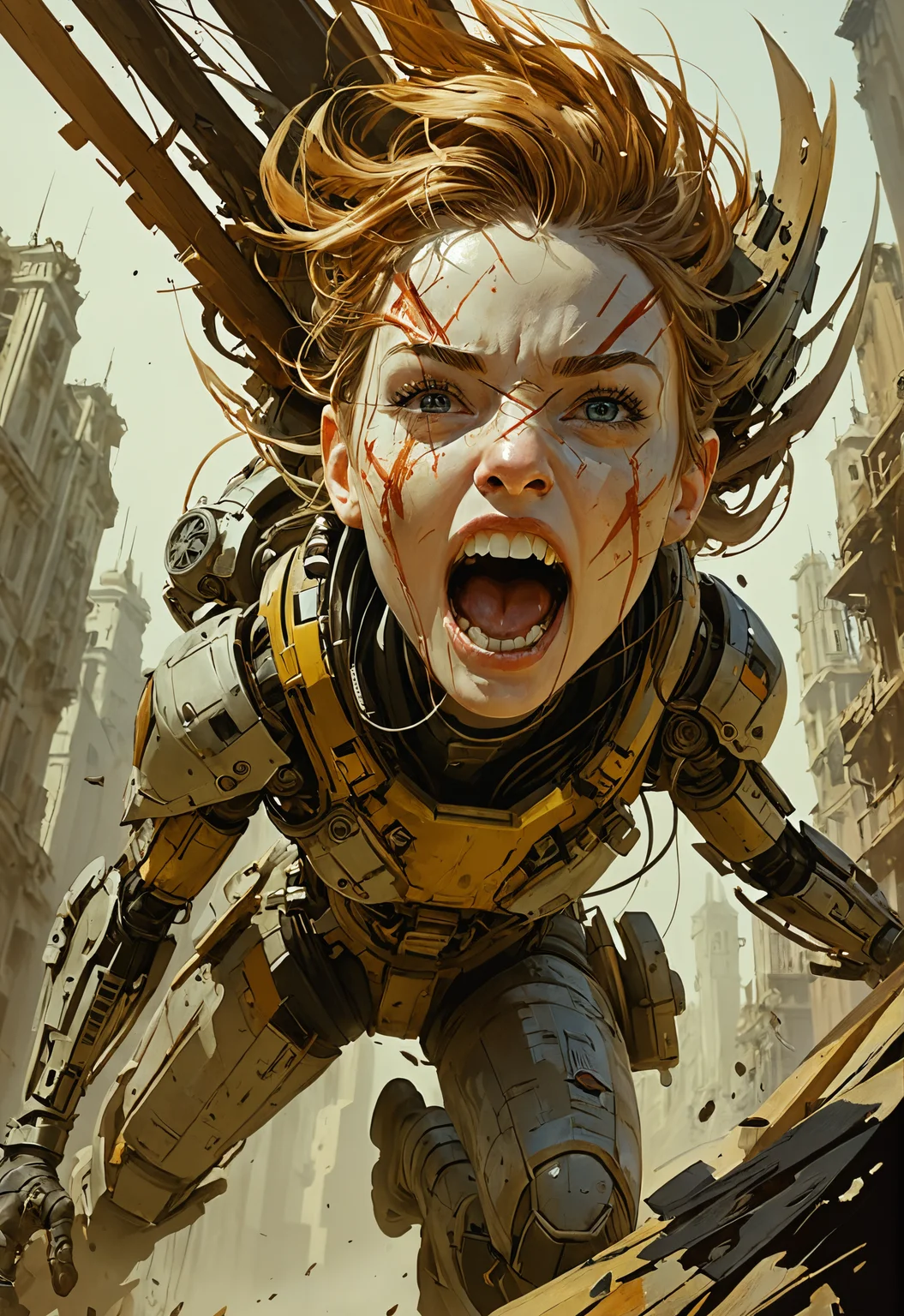 motion lines, cinematic still wide angle, action shot,extra bold lines,painting, wide careless strokes, rough brush,concept art ,overlaps ,detailed face,poster, Ellen Jewett, Greg Simkins,masterpiece<lora:add-detail-xl:1>   <lora:sli-v1:0.4>