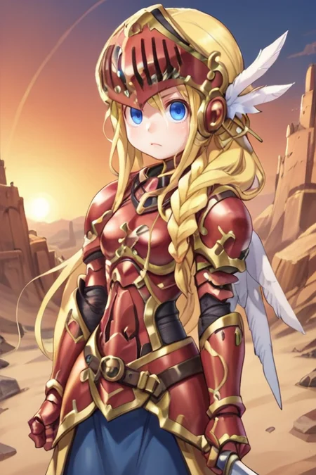 (score_9, score_8_up, score_7_up, score_6_up), source anime, BREAK, <lora:Aegina:0.7> , aegdef, 1girl, blonde hair, long hair, braid, blue eyes, valkyrie, visor (armor), winged helmet, armored dress, armor, gauntlets, boots, serious, angel wings, holding sword, closed mouth, looking at viewer, solo, cowboy shot, <lora:zy_Detailed_Backgrounds_v1:0.5> , detailed background, highly detailed, castle, fortress, wasteland, desert, sunset, <lora:Nova_Sphere_Style_V1.0:0.7>