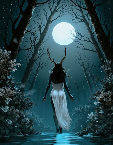 Art by Anato Finnstark. A digital illustration shoot from a low angle about a mystical scene featuring a silhouette of a woman standing in a forest at night, with a full moon in the background. the scene is set in a mystical forest with tall, bare trees and a starry sky. in the middle of the image, a woman with antlers stands in water, looking up at the full moon. she appears to be in her mid-twenties, wearing a long, flowing white dress that catches the soft, ethereal light. her hair is blowing in the wind, and she has a serene, almost ethereal expression on her face. she is facing away from the viewer, with her full body visible from the camera. the woman's face is not visible, but her body is positioned in a way that creates a sense of depth and perspective. the overall atmosphere is one of serenity and wonder, with the soft and diffused lighting creating a dreamy and ethereal ambiance.