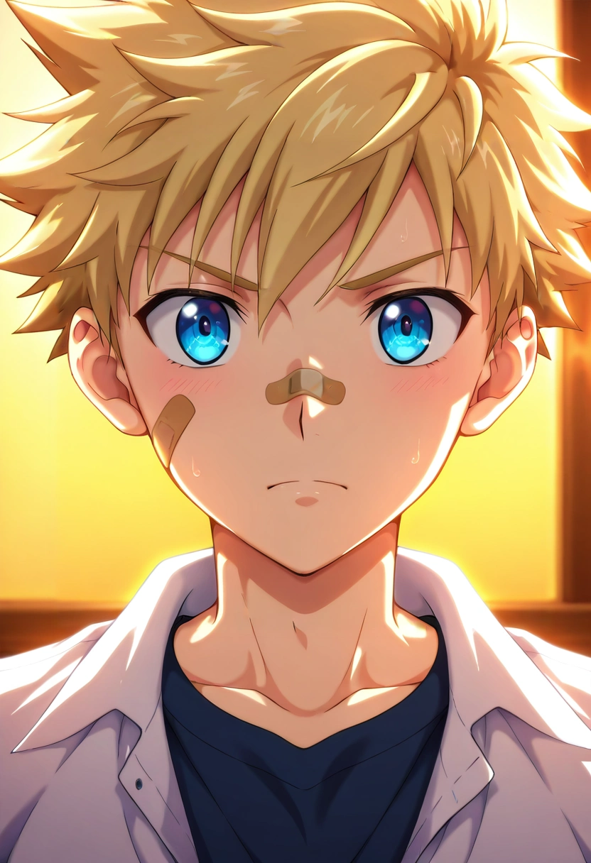 masterpiece, best quality, intricate details, anime screencap, anime coloring, , , , 1boy, solo, male focus, <lora:connor_bleufin_ilxl:0.92>, connor_bleufin, blonde hair, blue eyes, short hair, spiked hair, bandaid on face, , ,
