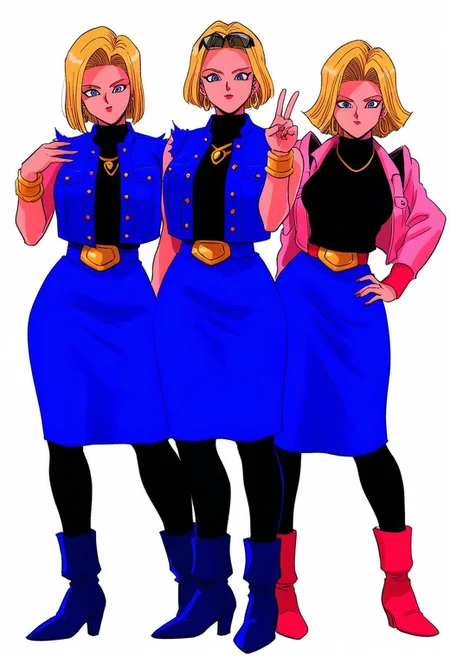 masterpiece, best quality, amazing quality, high resolution, absurdres, highly detailed, R0k00Bl0ckB0ckgr00ndHD, android_18, blonde hair, short hair, blue eyes, earrings, necklace, makeup, black shirt, long white striped sleeveless, blue vest, blue skirt, pantyhose, boots, breasts, curvy, v, sunglasses on head,