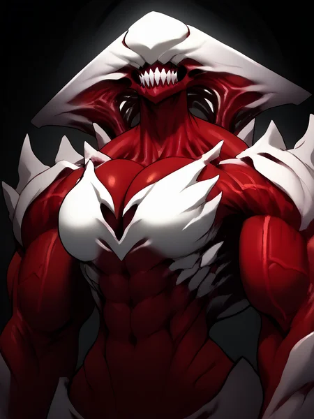 Score_9, score_8_up, score_7_up, score_6_up,,  upper body,  solo. cowboy shot, dutch angle, source_anime, monsterification, monster girl, <lora:EleshNornF:0.4> solo, eyeless, faceless, monster, no humans, claws, red skin, colored skin, white armor, breasts, white helmet, big sharp teeth, grin, smile, open mouth, upper body,  veins, huge arms, biceps, muscle, huge breasts, cleavage, abs, wide hips,  huge bodybuilder, <lora:Concept_-_Monsterification:0.75>
 <lora:Eldritch_Abominations_Zeblackballd:0.75> <lora:MusctonkXL:0.5> <lora:Concept_Chompers:1><lora:cutesexyrobutts_style_xl_goofy:0.5> <lora:PicturdLycoXL:0.25>,